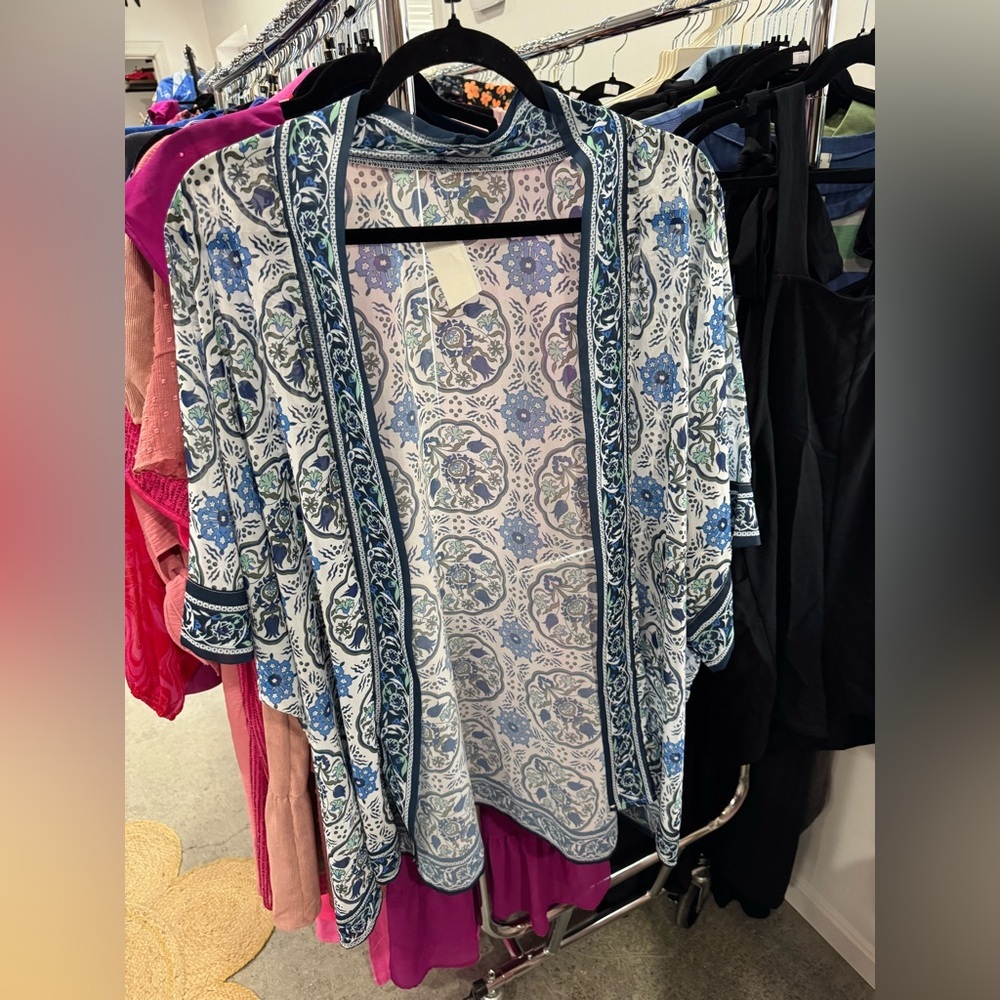 Blue and White Floral Kimono Cardigan